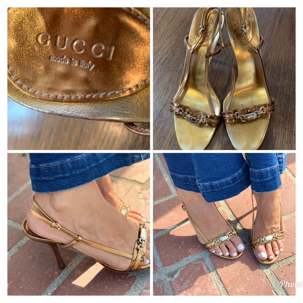 Vintage Gucci Gold Heels shoes sandals open toe 8